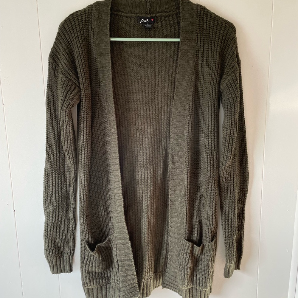 Olive Green Open Front Cardigan